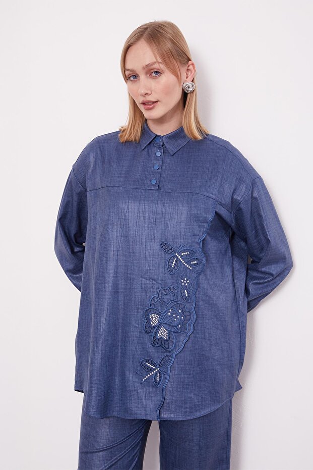 Indigo Embroidery Rose Detailed Tunic Set - 4