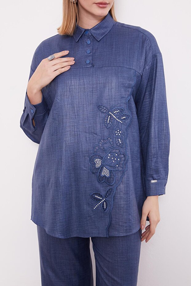Indigo Embroidery Rose Detailed Tunic Set - 6