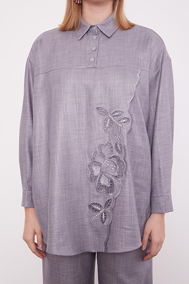 Anthracite Embroidered Rose Detailed Tunic Set - 6