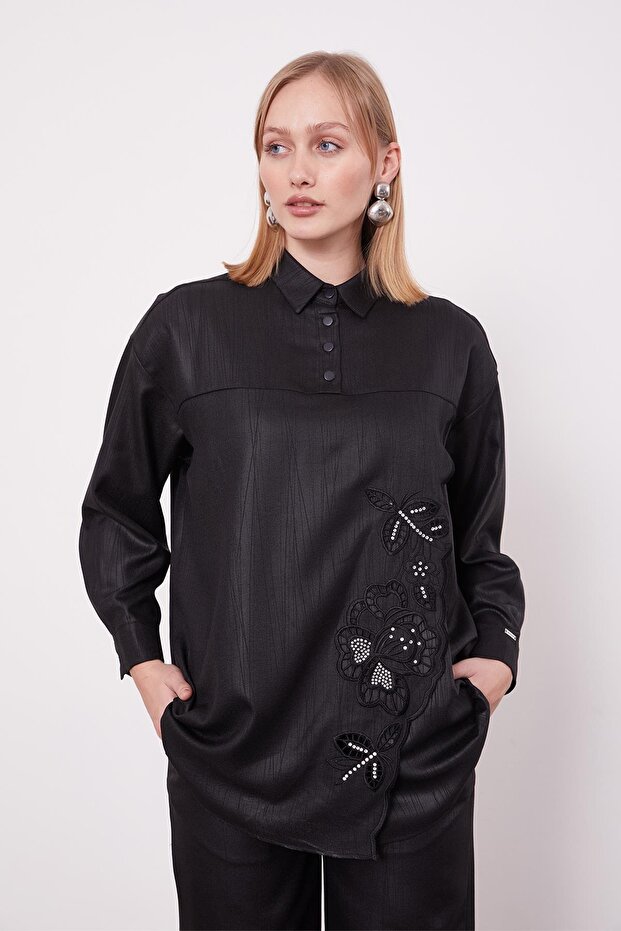 Black Embroidered Rose Detailed Tunic Set - 4