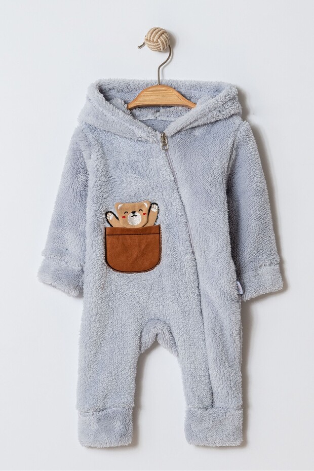 Winter Sweet Teddy Bear Pocket Hooded Welsoft Zippered Baby Jumpsuit