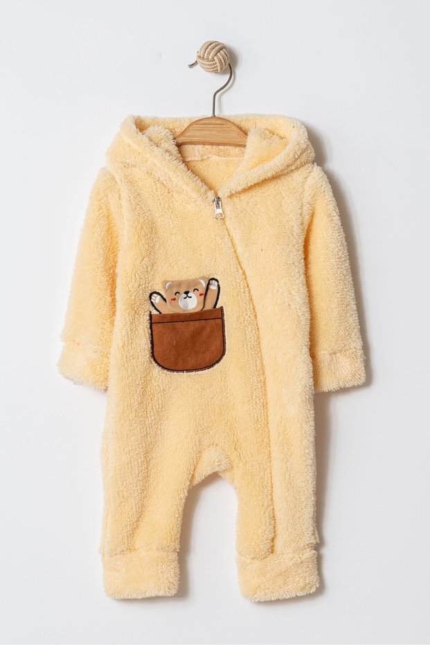 Winter Sweet Teddy Bear Pocket Hooded Welsoft Zippered Baby Jumpsuit