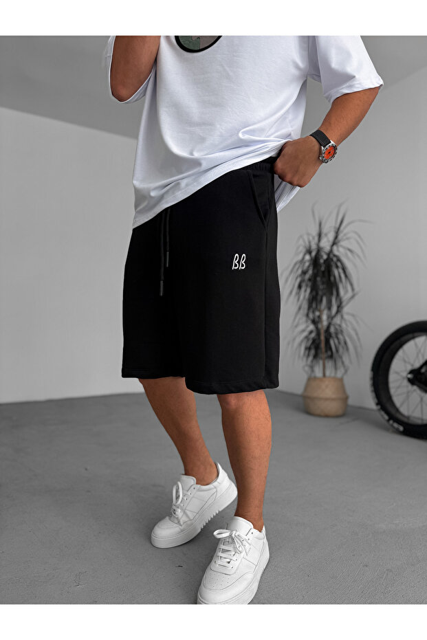 Siyah BB Nakışlı Basic Şort BY-86 - 2