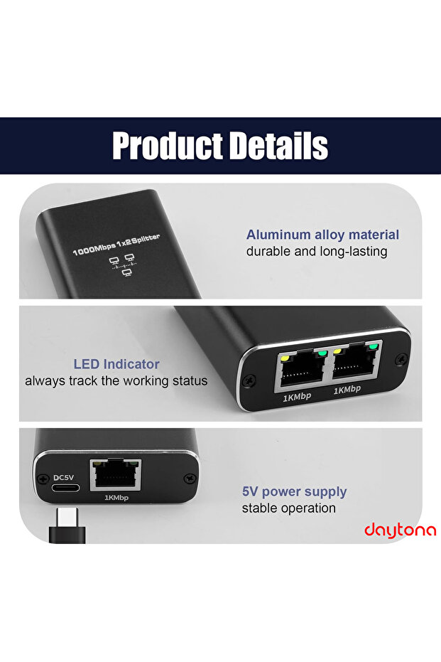 ZR861 RJ45 Network Splitter Adaptör/1000Mbps Ethernet/USB-C Güç Kablosu ile - 7