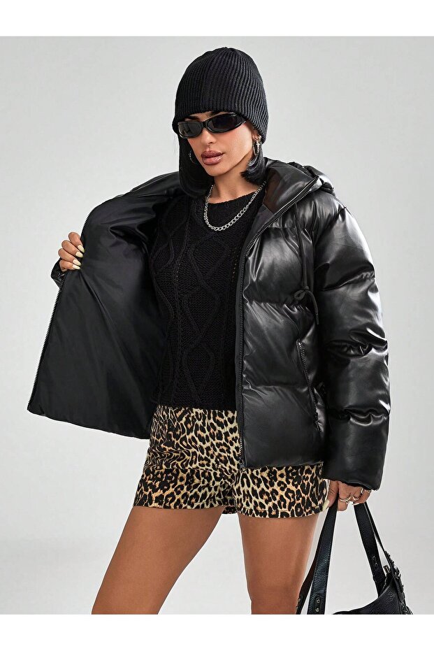 Kadın Kapüşonlu Şişme Deri Mont - 2