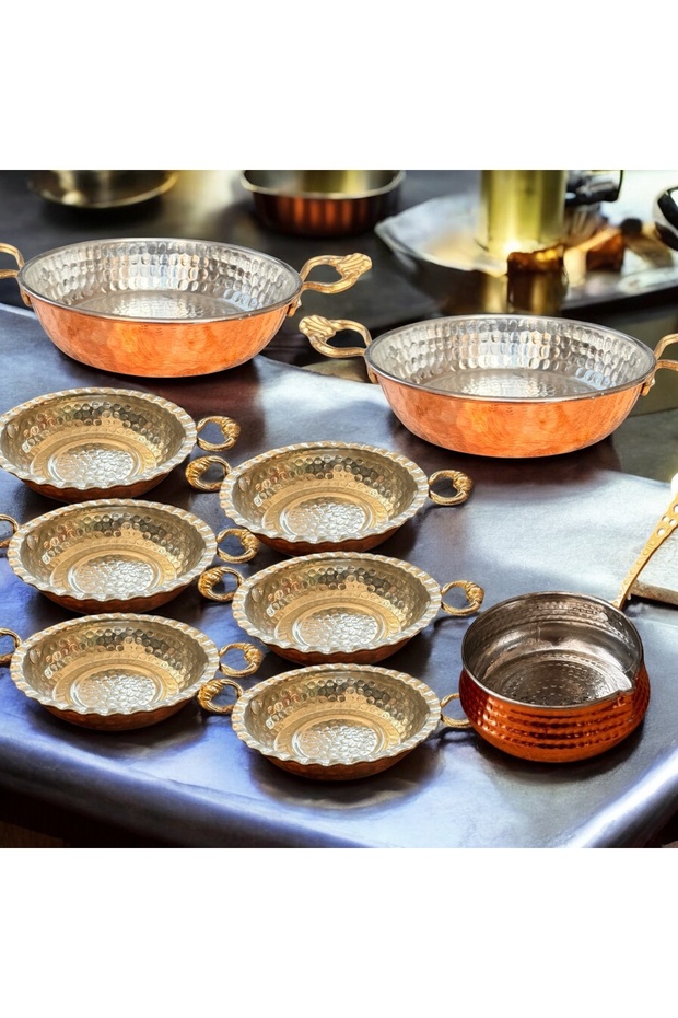 طقم مقلاة صغيرة من النحاس مكون من 9 قطع - 3