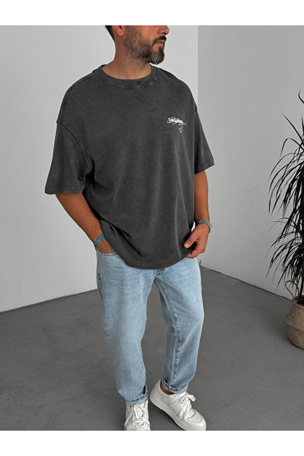 Siyah CS Baskılı Yıkamalı T-Shirt C-033 - 3