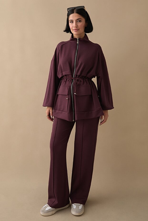 مجموعة من قطعتين من قماش البوليستر بلون البرقوق مع جيوب مزدوجة - 1