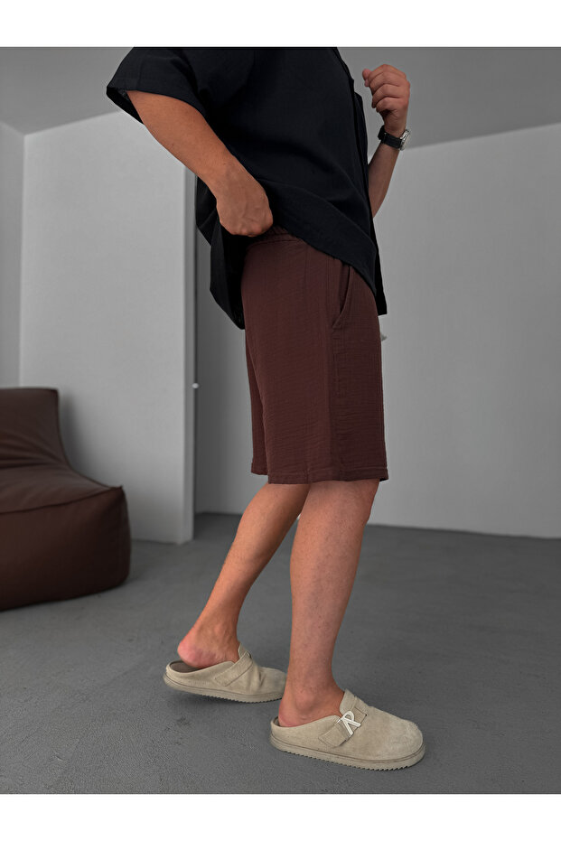 Kahve Müslin Kumaş Basic Şort KE-7002 - 4