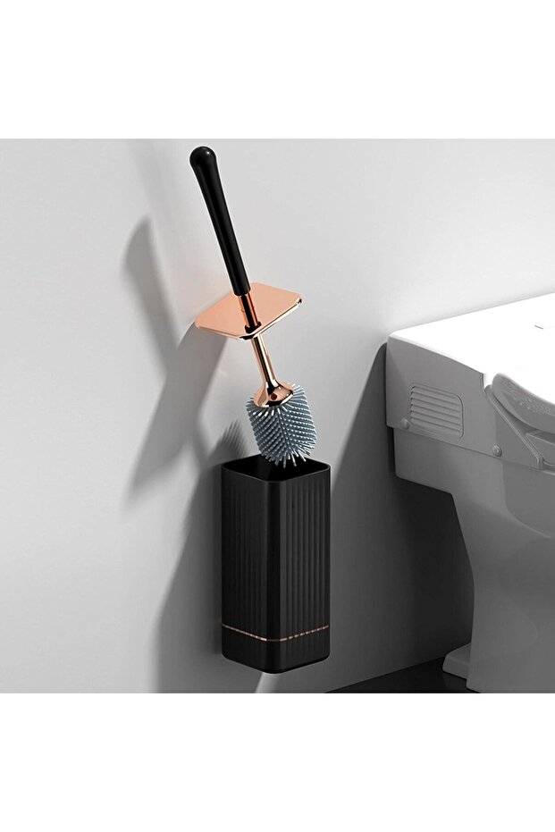 Silicone Toilet Brush Set, Ergonomic Long Handle Holder for Bathroom, Black