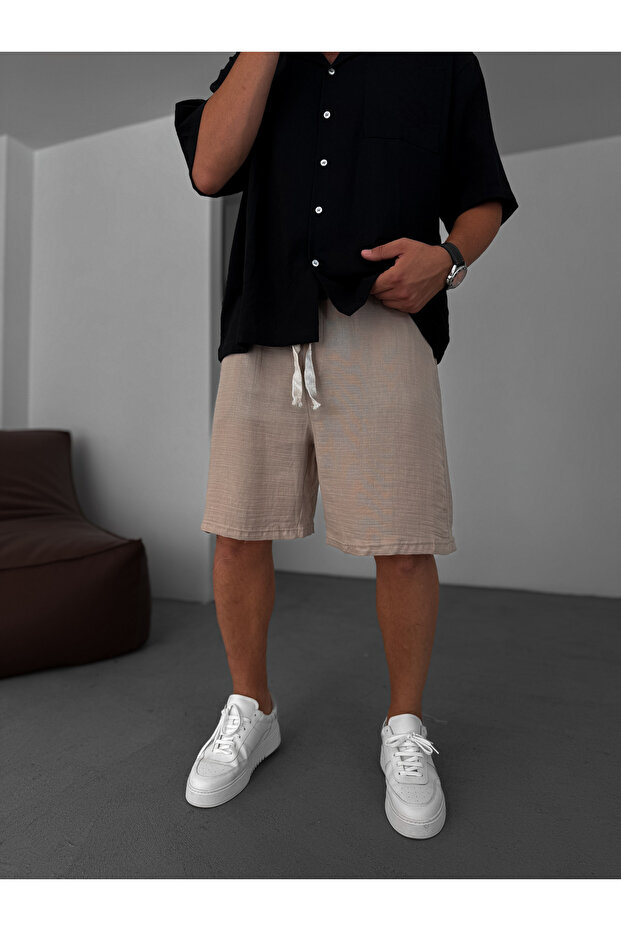 Açık Kahve Müslin Kumaş Basic Şort KE-7002 - 1