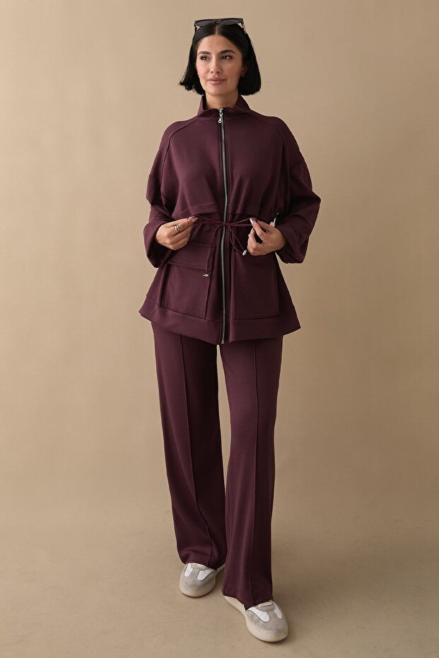 مجموعة من قطعتين من قماش البوليستر بلون البرقوق مع جيوب مزدوجة - 4