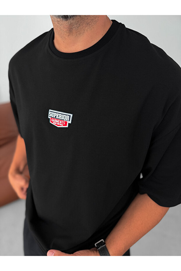 Siyah Superior Patchli Oversize T-Shirt BY-074 - 3