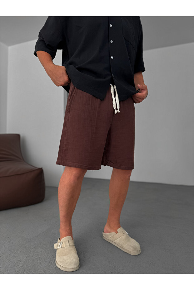 Kahve Müslin Kumaş Basic Şort KE-7002 - 3