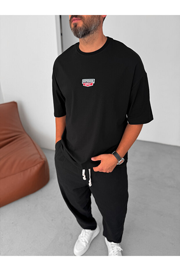 Siyah Superior Patchli Oversize T-Shirt BY-074 - 1