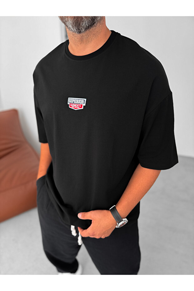 Siyah Superior Patchli Oversize T-Shirt BY-074 - 2