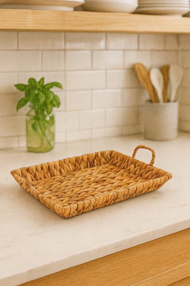 Hasır Su Sümbülü Kulplu Orta Boy Dikdörtgen Tepsi Hasır El Örmesi Tepsi - 1