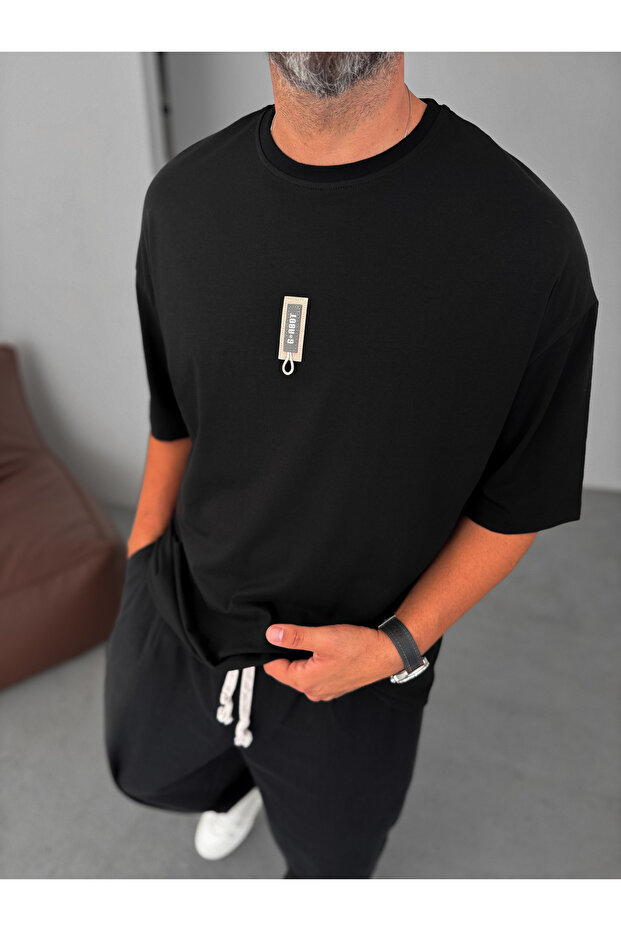 Siyah G- İpli Patchli Oversize T-Shirt BY-080 - 2