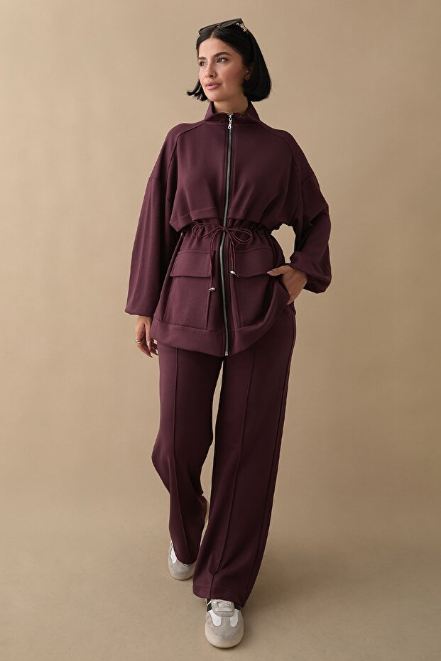 مجموعة من قطعتين من قماش البوليستر بلون البرقوق مع جيوب مزدوجة - 5