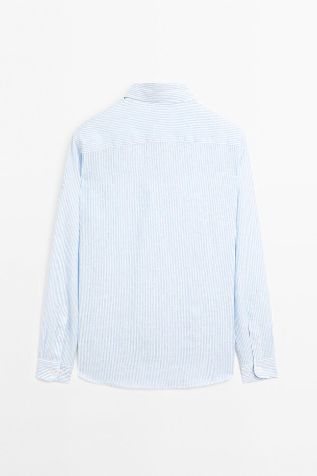 Çizgili slim fit %100 keten gömlek - 8