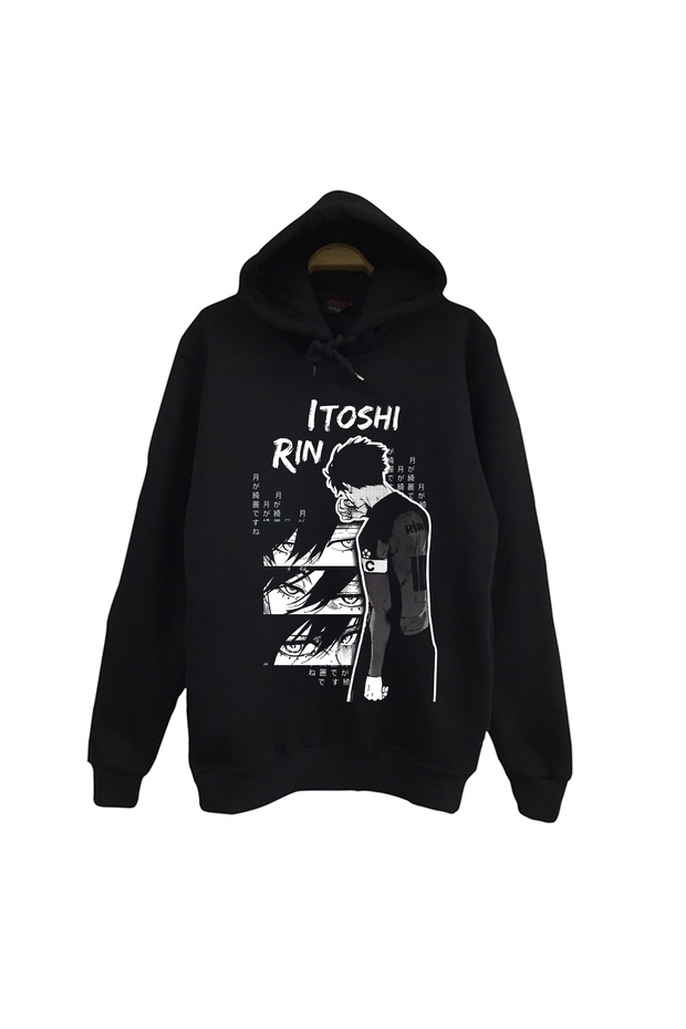 Blue Lock, Rin Itoshi Anime Printed Unisex 100% Cotton Black Hooded Sweatshirt