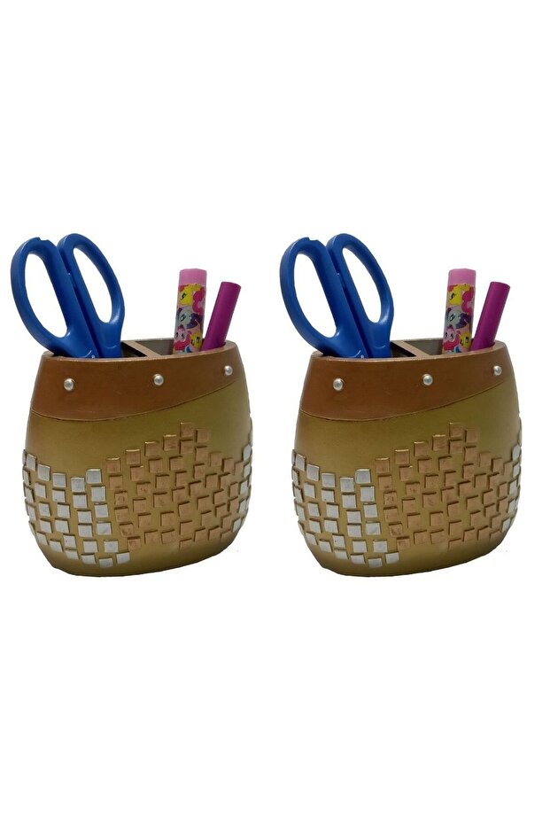 2 Pcs Pen Holder Golden Mosaic Polyresin Office Supplies 10X10X5Cm