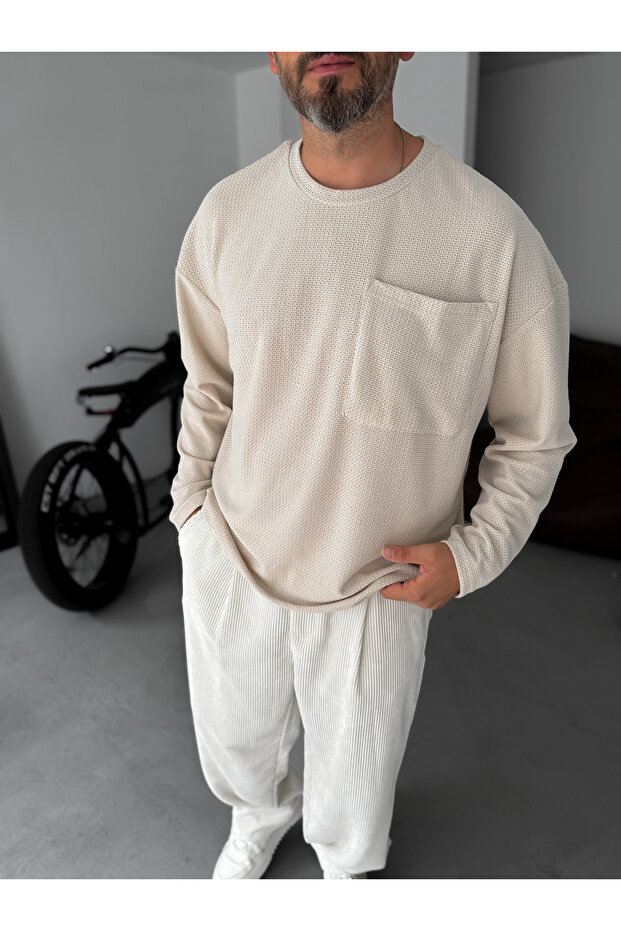 Bej Dokulu Örme Cepli Sweatshirt TW-1561 - 1