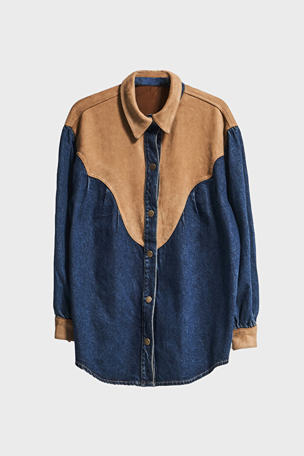 Kadın Kot Rengi 1w5-8 Oversize Süet Denim Karışımlı Özel Tasarım Gömlek - 3