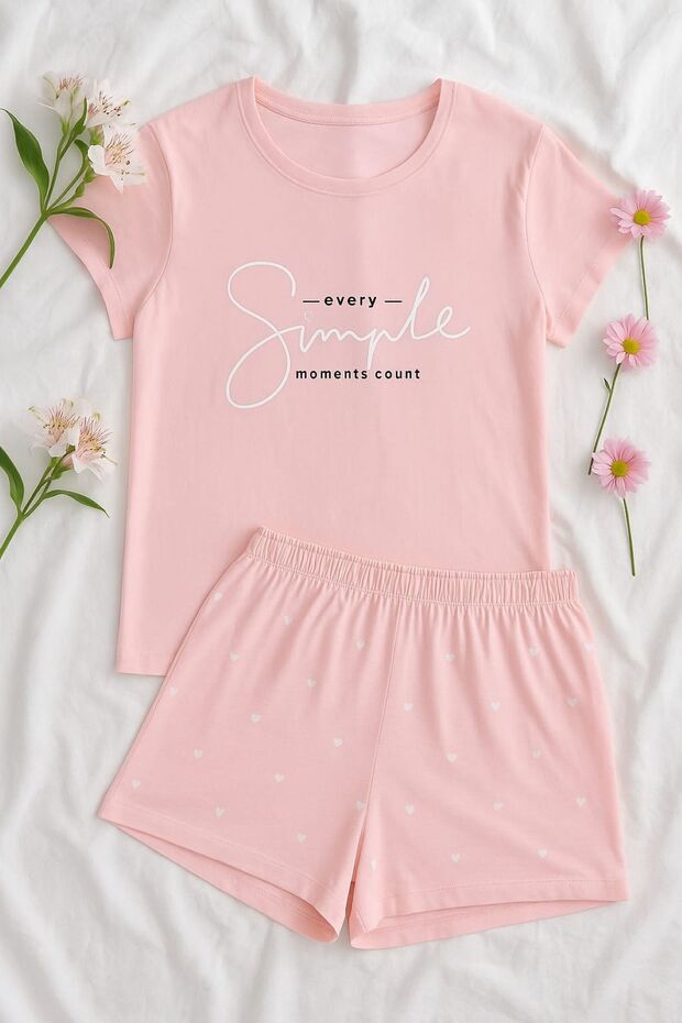 Pembe %100 Pamuk Kadın Şortlu Pijama Takımı – Yumuşak Kumaş, Rahat ve Şık Ev Giyim - 1