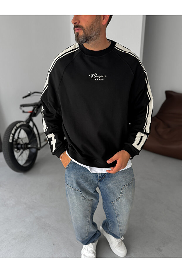 Siyah Champions Baskılı Parçalı Sweatshirt JJ-110 - 5