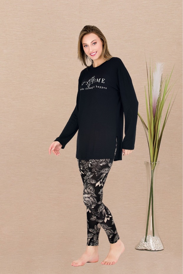 Women's Pajama Set with Long Sleeves, Floral Pattern, and Leggings