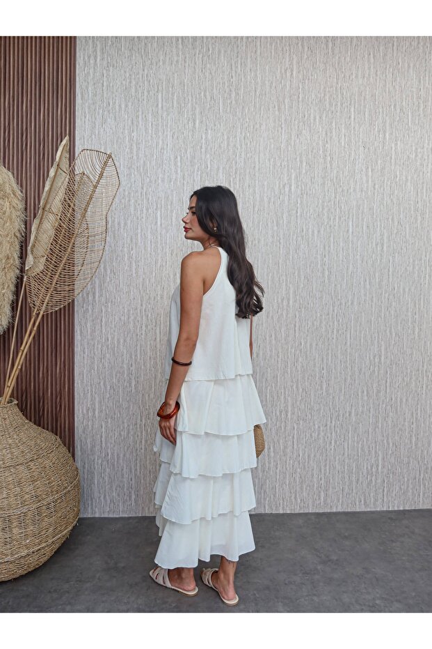 Boyun Bağlı Kat Kat Elbise - 5