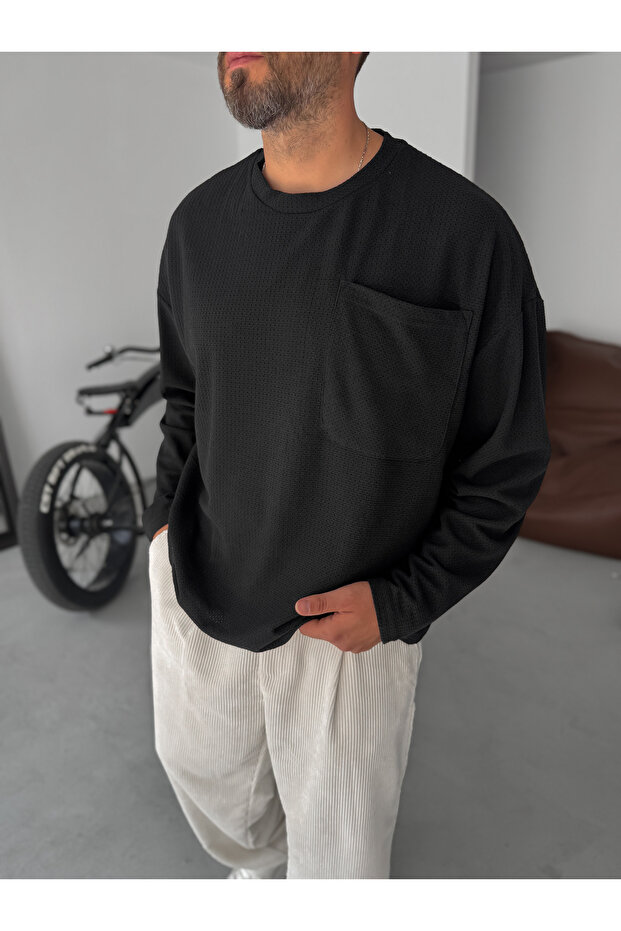 Siyah Dokulu Örme Cepli Sweatshirt TW-1561 - 1