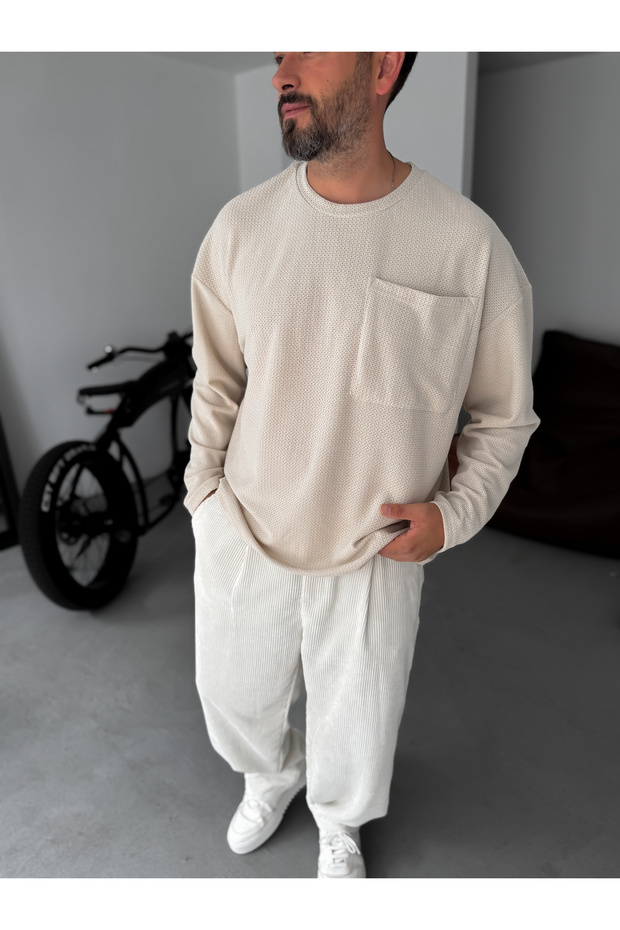 Bej Dokulu Örme Cepli Sweatshirt TW-1561 - 6