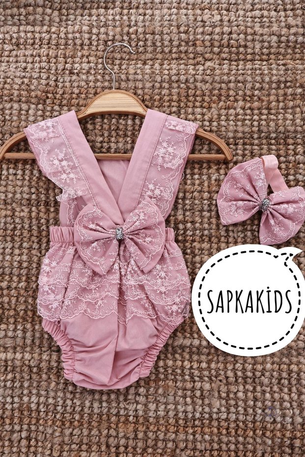 Dried Rose Lace Salopette with Stone Detail Bandana and Socks Set