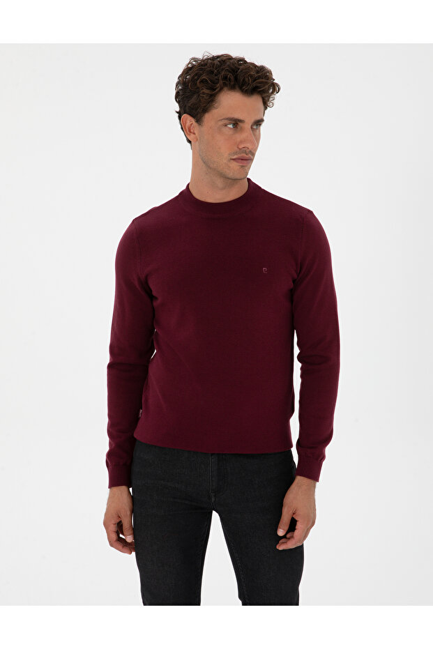 Burgundy Slim Fit Quarter Collar Basic Knitwear Sweater 50315456-Vr177