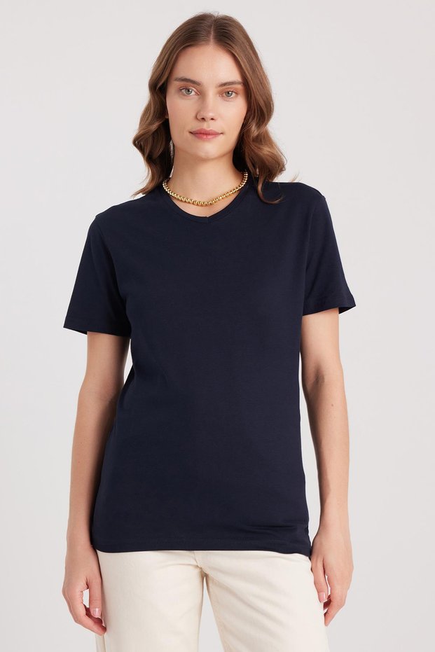 Women's Slim Fit 100% Cotton Soft Textured Navy Blue V-Neck T-Shirt Blouse