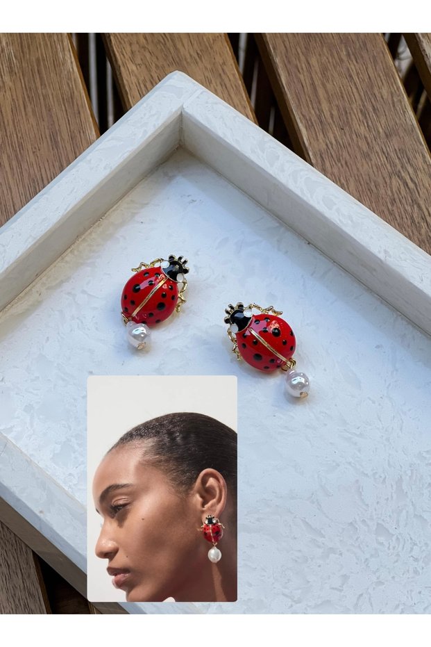 Ladybug Earrings with Pearl Dangle