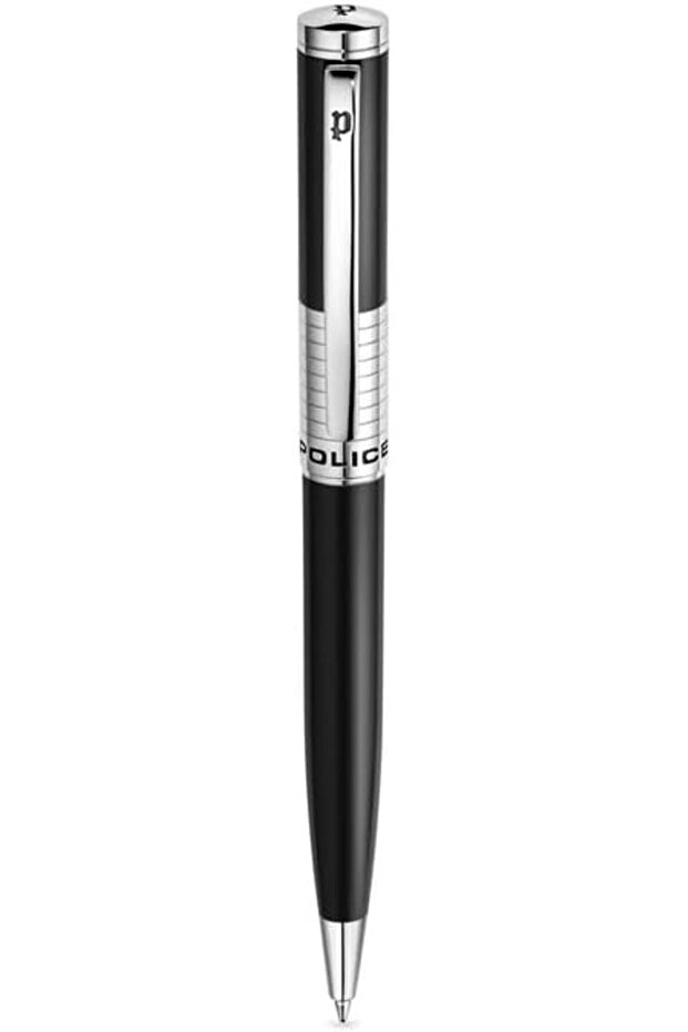 Meiryo Black Stainless Steel Textured Pen with Silver Trims, Blue Ink - 138 mm