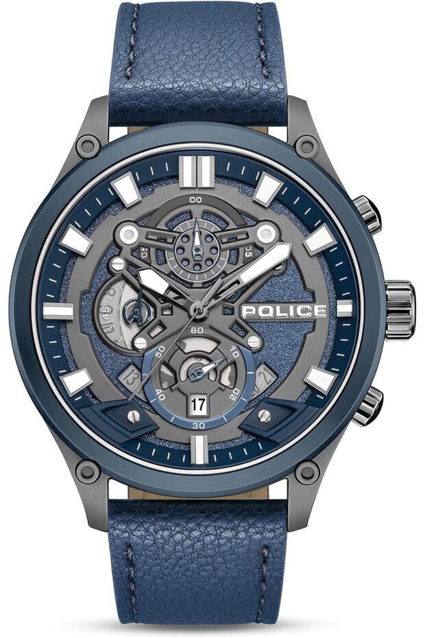 Wadden Men's 45mm Chronograph Watch with Blue Leather Strap, Quartz Movement, Screw-Detailed