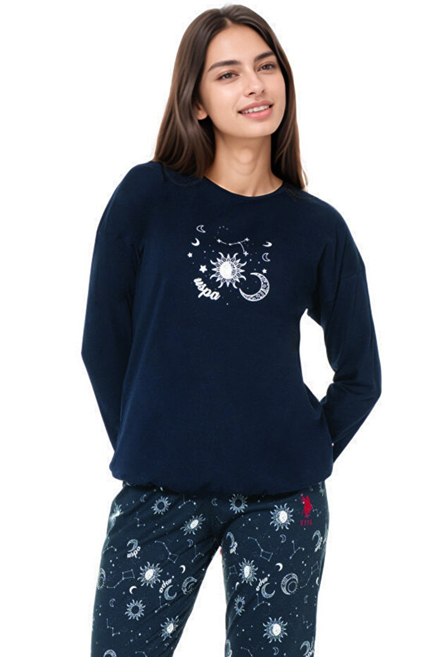 Women's 100% Cotton Long Sleeve Navy Blue Pajama Set
