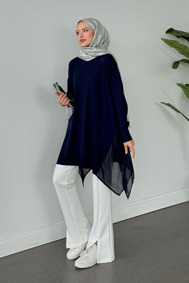 Hayal Merserize Yan Şifon Tunik Lacivert - 1
