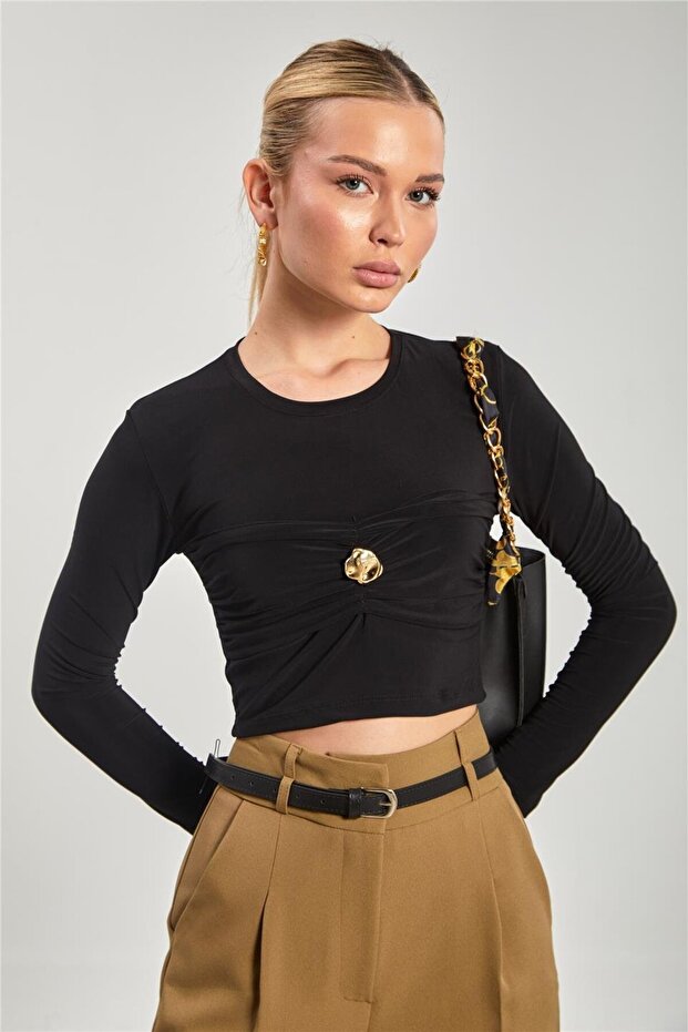 Women's Gold Buttoned Sandy Blouse - Black