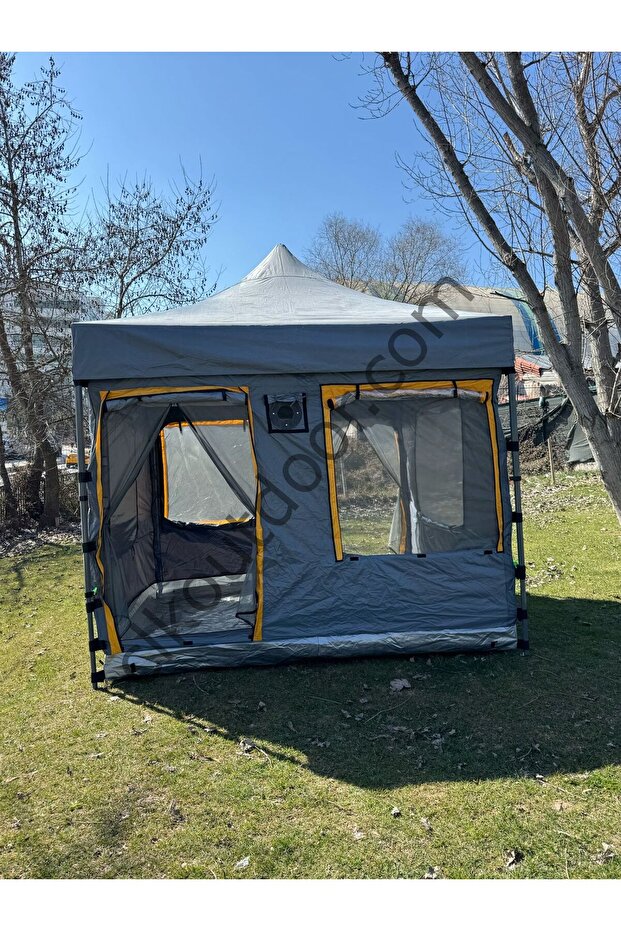 CLK 3x3 Metre 30 mm Profil 2 Kapı 4 Sineklikli Portatif Katlanır Portatif Gazebo Kamp Çadır Gri - 1