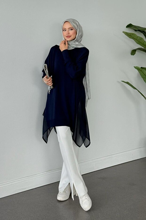 Hayal Merserize Yan Şifon Tunik Lacivert - 2