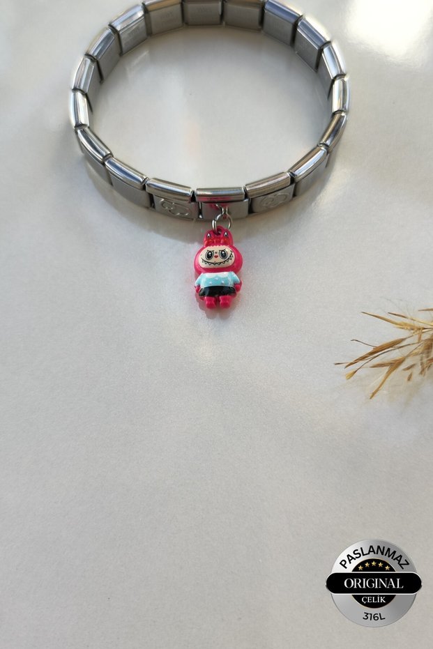 Italian Charm Bracelet and Adjustable Steel Pink Labubu Bracelet with 3 Charms