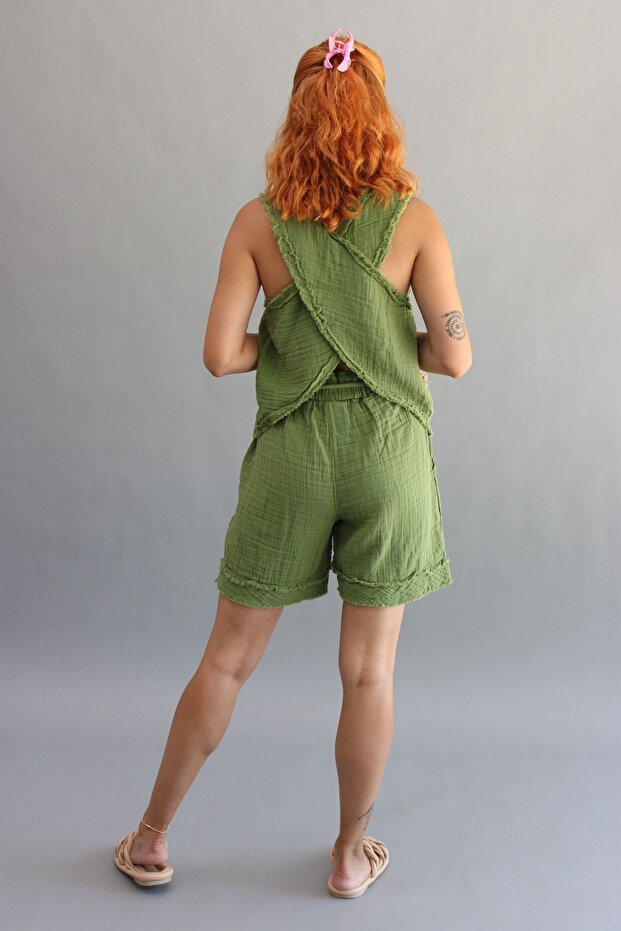 KADIN MÜSLİN SAÇAKLI ŞORT ÇAPRAZ CROP TAKIM - 5