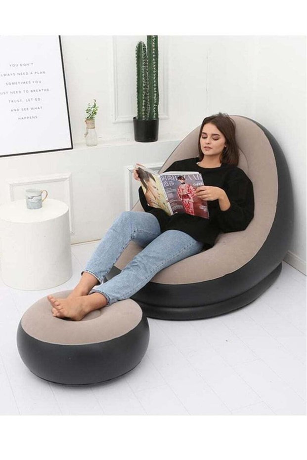 Inflatable Air Chair with Footrest Stool – Comfortable Furniture Set (116x98x83 cm, Brown