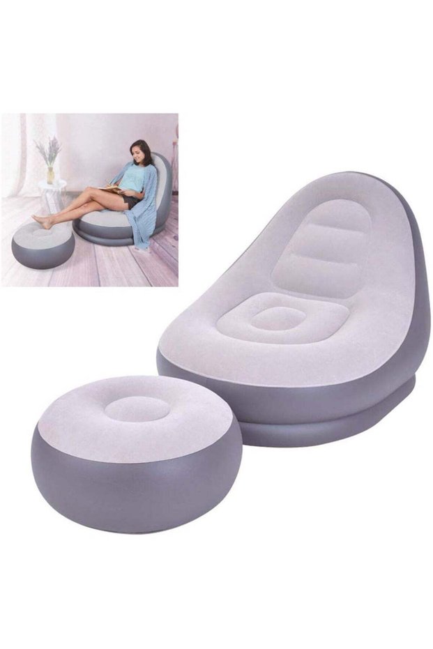 DubaiGallery Ultra Lounge Living Room Air Furniture Inflatable Sofa Set With Ottoman Footrest Grey/