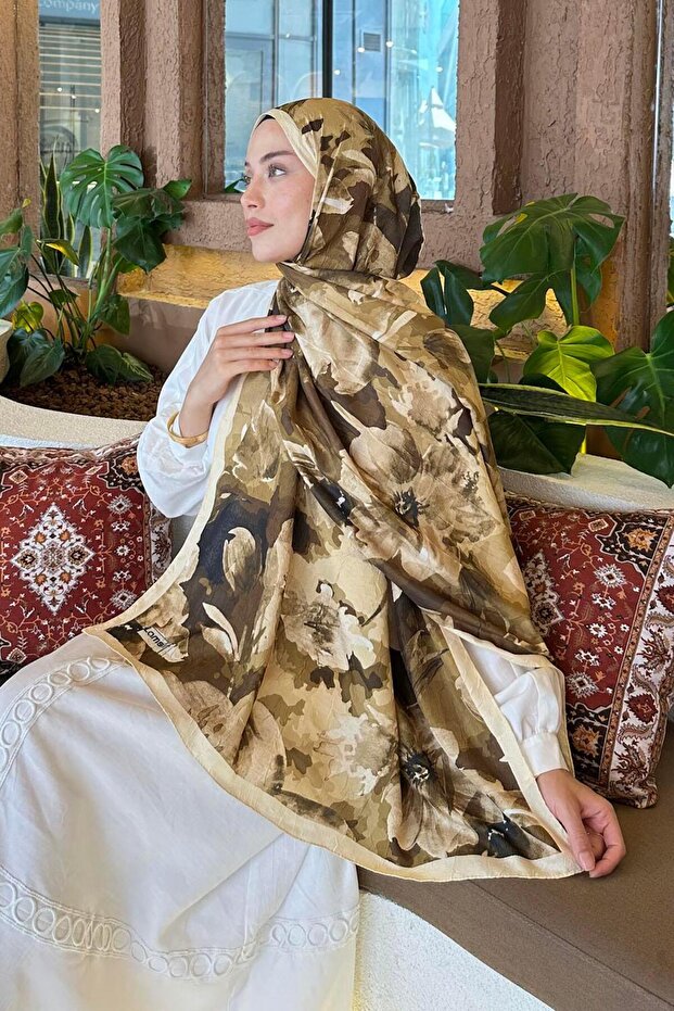 Çiçek Desen Bambu Şal Sarı - 4